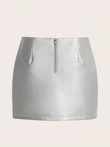 High Waist Split Thigh PU Skirt