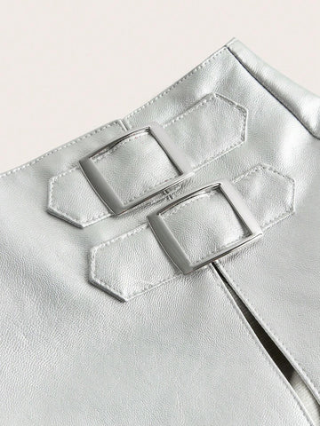 High Waist Split Thigh PU Skirt