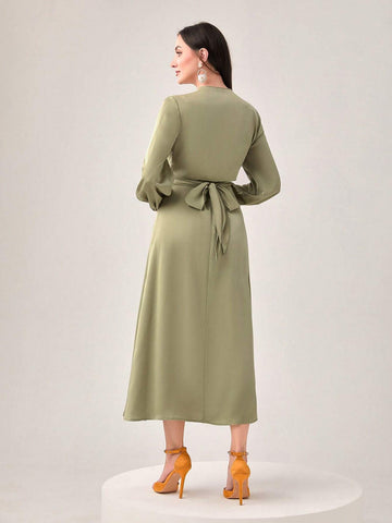 Solid Lantern Sleeve Wrap Tie Back Top & Skirt