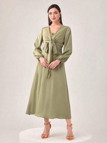 Solid Lantern Sleeve Wrap Tie Back Top & Skirt