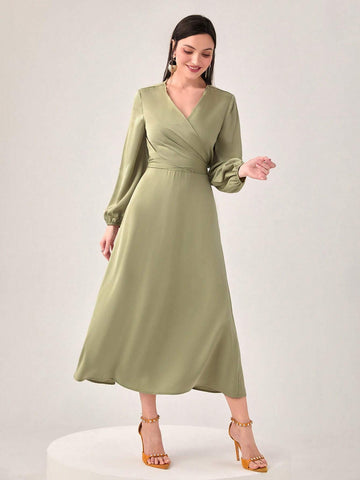 Solid Lantern Sleeve Wrap Tie Back Top & Skirt