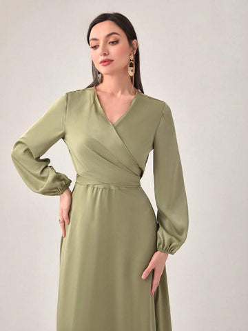 Solid Lantern Sleeve Wrap Tie Back Top & Skirt