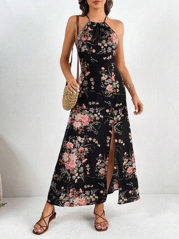 Floral Print Split Thigh Halter Dress