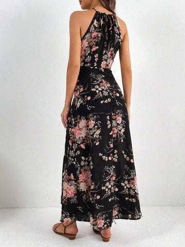 Floral Print Split Thigh Halter Dress