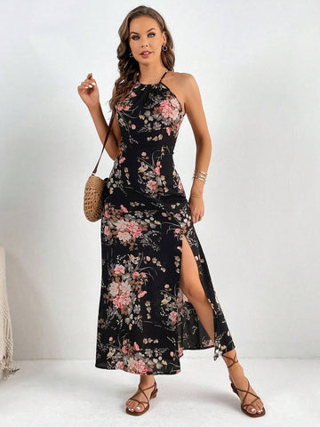 Floral Print Split Thigh Halter Dress