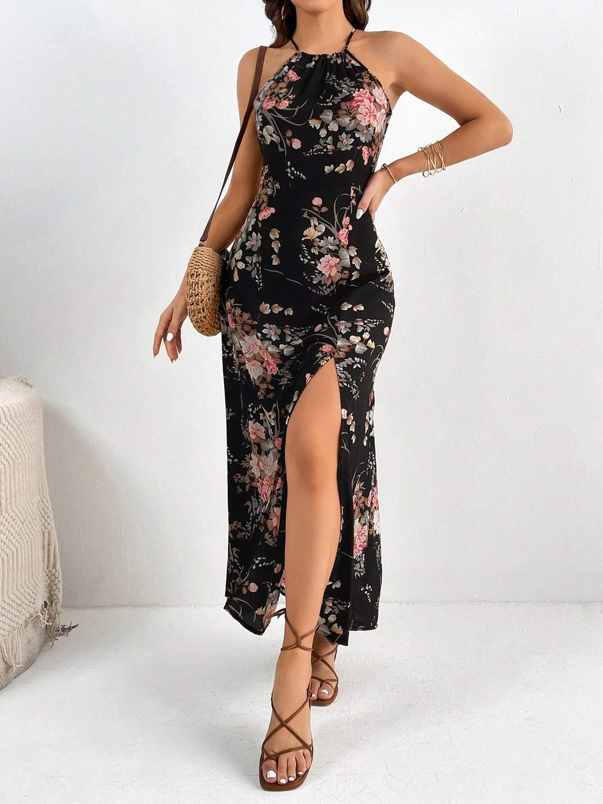 Floral Print Split Thigh Halter Dress