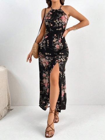 Floral Print Split Thigh Halter Dress