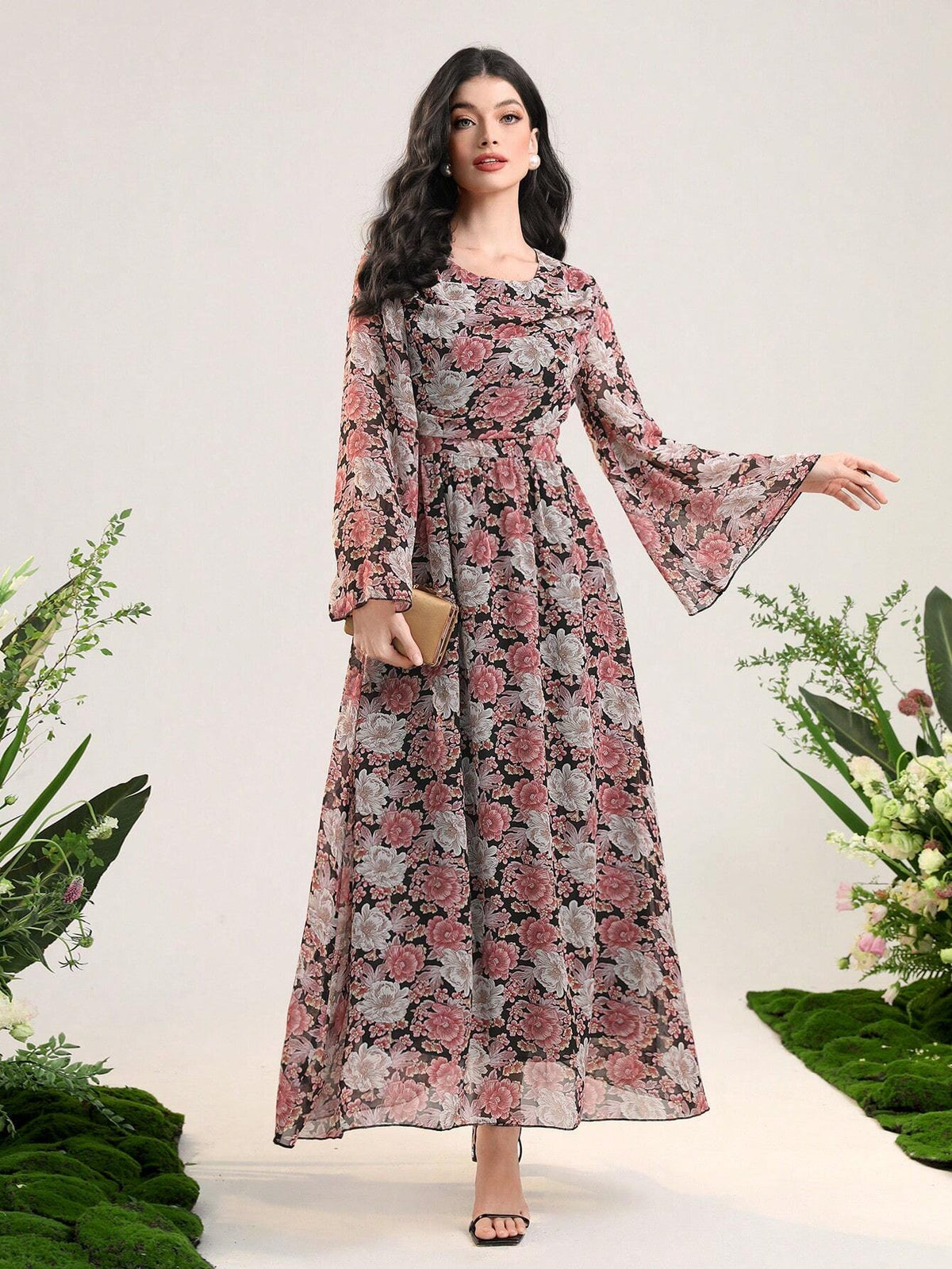 Allover Floral Print Flare Sleeve Dress