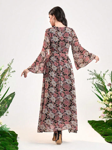 Allover Floral Print Flare Sleeve Dress