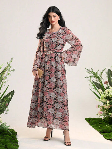 Allover Floral Print Flare Sleeve Dress