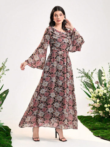 Allover Floral Print Flare Sleeve Dress