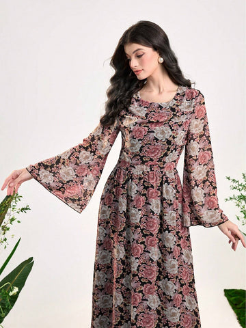 Allover Floral Print Flare Sleeve Dress