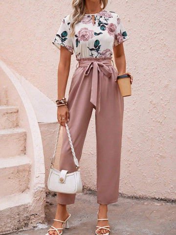EMERY ROSE Floral Print Keyhole Neckline Blouse & Paperbag Waist Belted Pants
