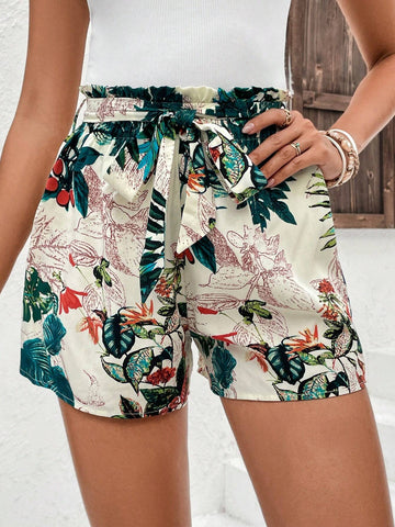 EMERY ROSE Tropical Print Paperbag Waist Belted Shorts