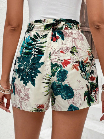 EMERY ROSE Tropical Print Paperbag Waist Belted Shorts