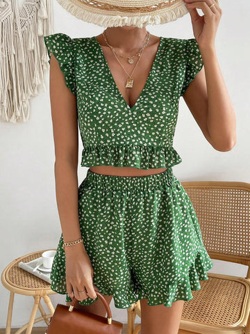 Ditsy Floral Print Ruffle Trim Crop Top & Shorts