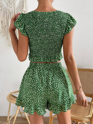 Ditsy Floral Print Ruffle Trim Crop Top & Shorts