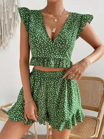 Ditsy Floral Print Ruffle Trim Crop Top & Shorts