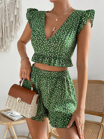 Ditsy Floral Print Ruffle Trim Crop Top & Shorts