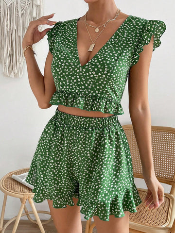 Ditsy Floral Print Ruffle Trim Crop Top & Shorts