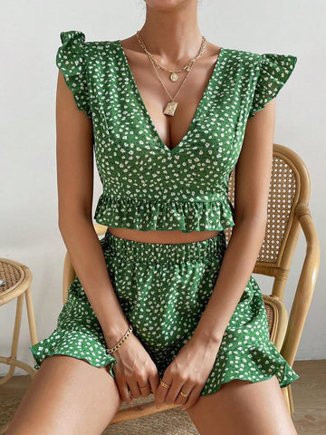 Ditsy Floral Print Ruffle Trim Crop Top & Shorts
