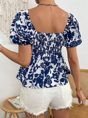 Floral Print Sweetheart Neck Puff Sleeve Peplum Blouse