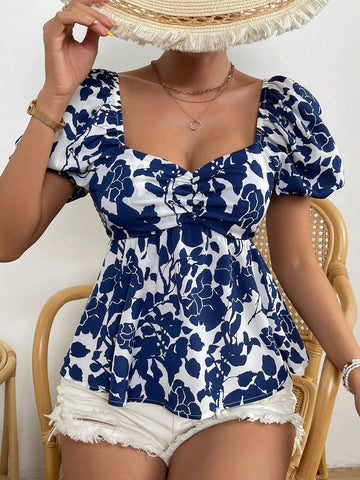 Floral Print Sweetheart Neck Puff Sleeve Peplum Blouse