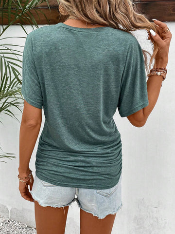 Solid Batwing Sleeve Ruched Tee