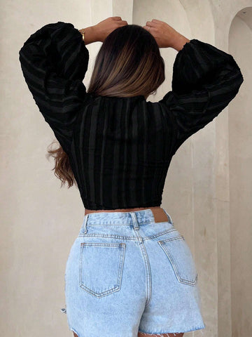 Lantern Sleeve Tie Front Crop Blouse