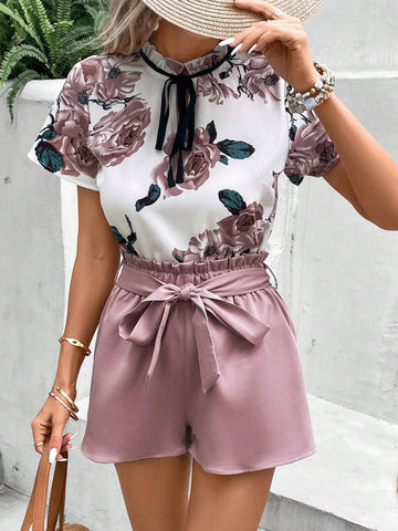 Floral Print Tie Neck Blouse & Paperbag Waist Belted Shorts