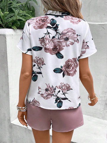 Floral Print Tie Neck Blouse & Paperbag Waist Belted Shorts