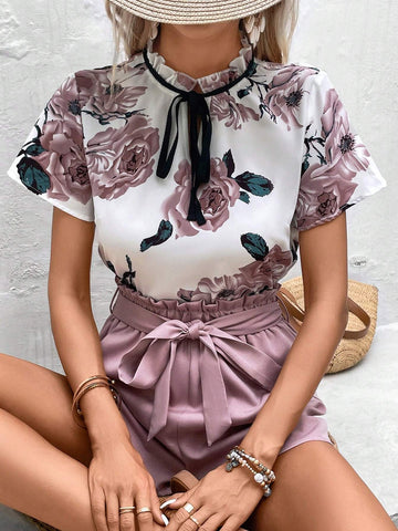 Floral Print Tie Neck Blouse & Paperbag Waist Belted Shorts
