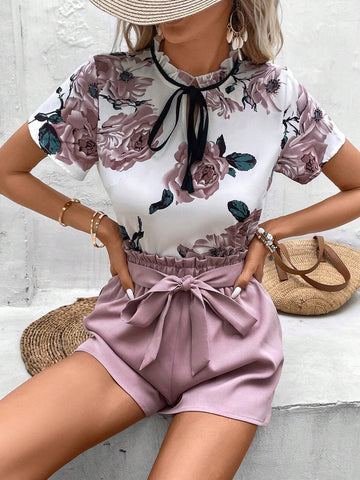 Floral Print Tie Neck Blouse & Paperbag Waist Belted Shorts