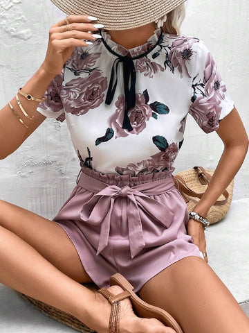 Floral Print Tie Neck Blouse & Paperbag Waist Belted Shorts
