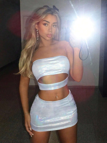 Metallic Cut Out Tube Top & Bodycon Skirt