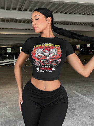 SXY Motorcycle & Slogan Graphic Crop Tee