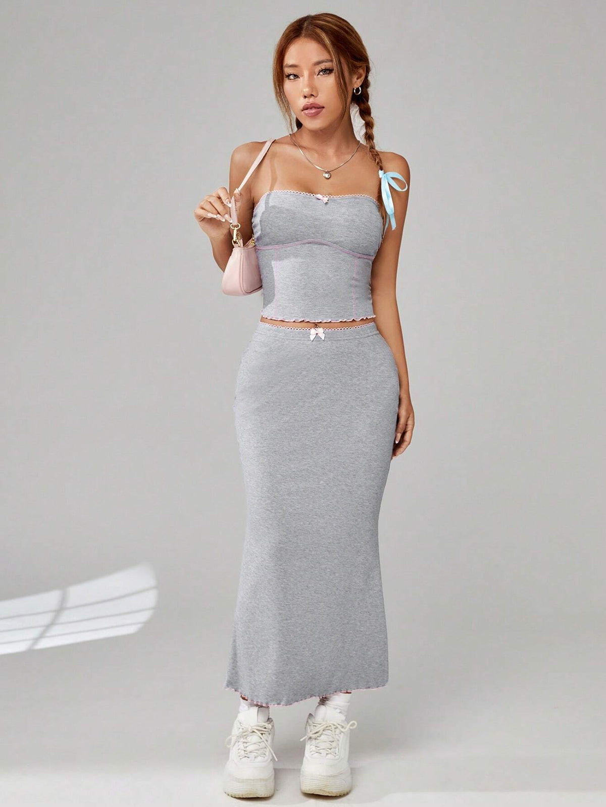 Contrast Stitch Tube Top & Lettuce Trim Skirt