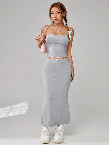 Contrast Stitch Tube Top & Lettuce Trim Skirt