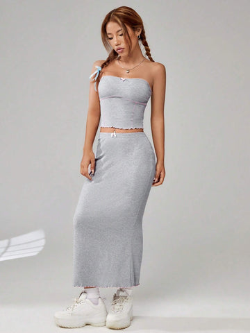 Contrast Stitch Tube Top & Lettuce Trim Skirt