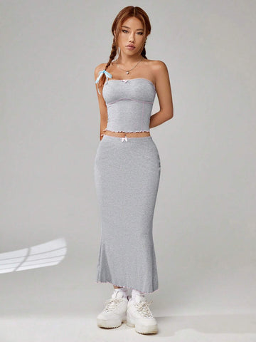 Contrast Stitch Tube Top & Lettuce Trim Skirt