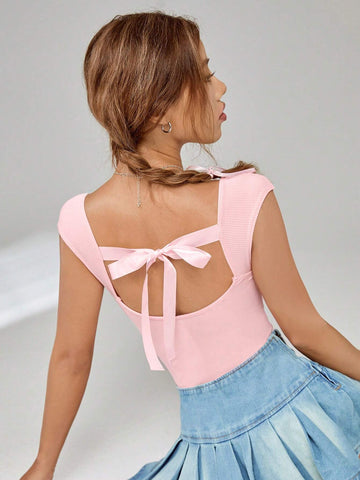Tie Backless Ribbed Knit Bodysuit