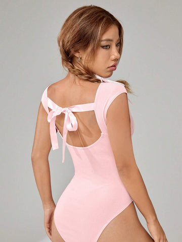 Tie Backless Ribbed Knit Bodysuit