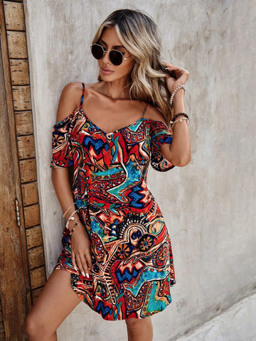 EMERY ROSE Allover Print Cold Shoulder Dress