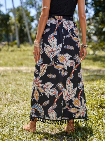 EMERY ROSE Floral Print Tassel Hem Skirt