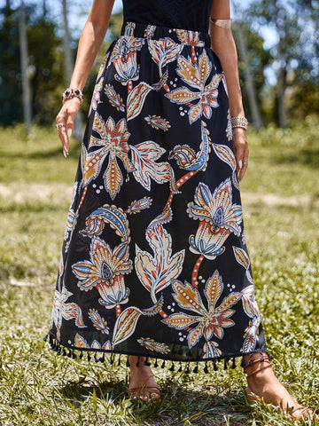 EMERY ROSE Floral Print Tassel Hem Skirt