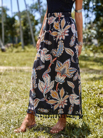 EMERY ROSE Floral Print Tassel Hem Skirt