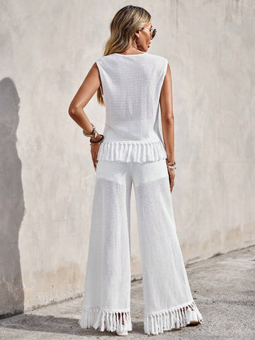 EMERY ROSE Solid Fringe Hem Tank Top & Wide Leg Pants