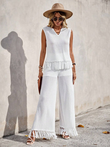 EMERY ROSE Solid Fringe Hem Tank Top & Wide Leg Pants