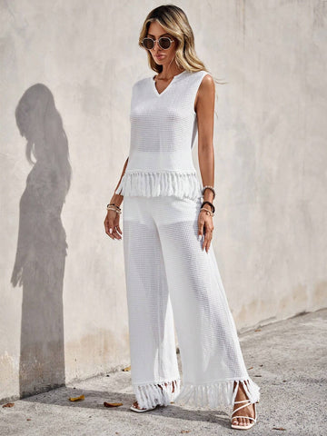 EMERY ROSE Solid Fringe Hem Tank Top & Wide Leg Pants