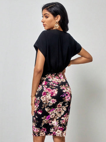 EMERY ROSE Floral Print Surplice Neck Batwing Sleeve Dress